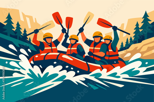 Enthusiastic team white water rafting on a challenging river adventure