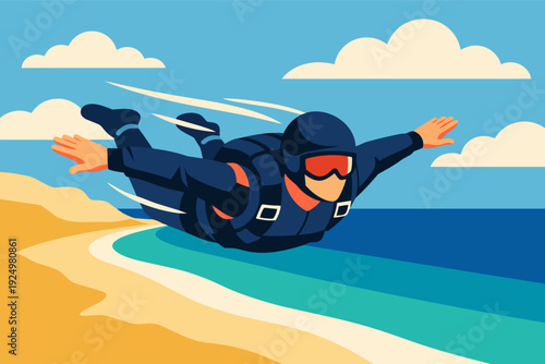 Skydiver in full freefall over a beach, skydiving and extreme sport concept