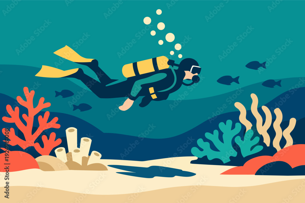 Fototapeta premium Scuba diver exploring a vibrant coral reef, finding ocean adventure and marine life