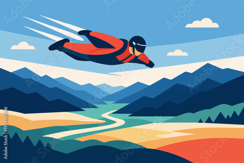 Wingsuiter flying over a mountain valley, experiencing speed, freedom, and adventure