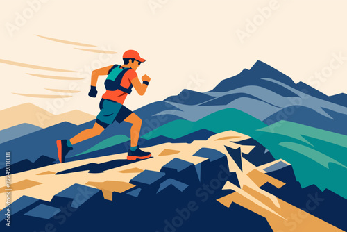 Trail runner competing on mountain path, challenging terrain and reaching goal