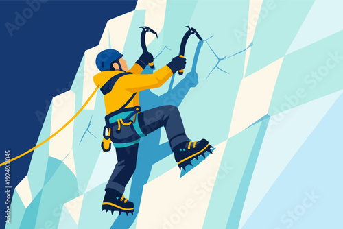 Mountaineer ice climbing an icy mountain wall with extreme winter sports equipment