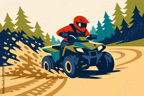 Person riding quad bike on off-road track, splashing mud in forest adventure