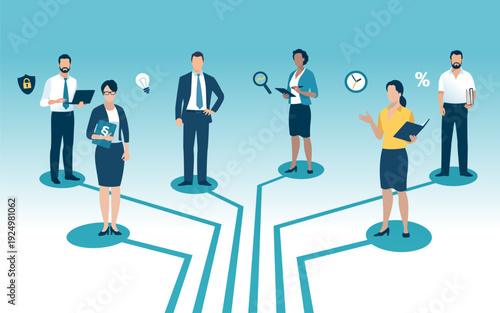 Team. Network of office employees. Recruitment. Group of business people standing on a logic tree. Business concept illustration.
