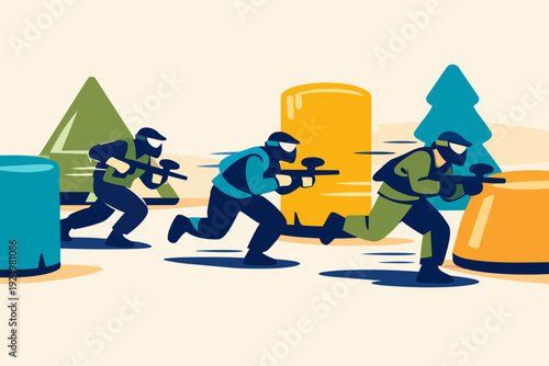 Paintball players engaging in action on field, strategizing during competitive game