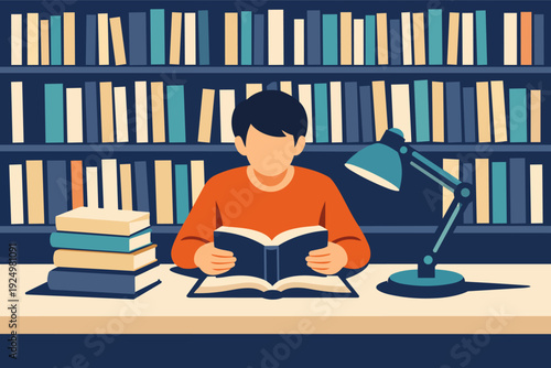 Student reading book at a desk with lamp in a library