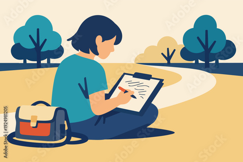 Person journaling outdoors in a park, sitting on the ground, creating and relaxing
