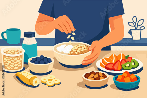 Person preparing a healthy breakfast with oatmeal, fruit, and various toppings