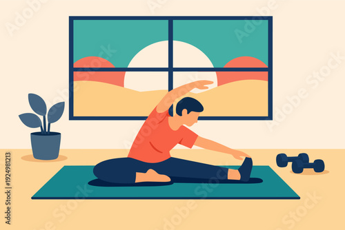 Person stretching at home, doing yoga or fitness, focusing on health and wellness