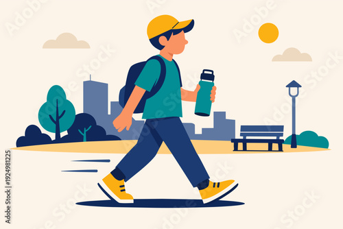 Person walking in a park carrying a backpack and water bottle illustrating active lifestyle