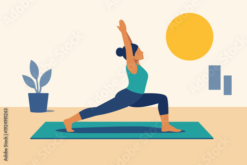 Woman practicing yoga warrior pose, finding health and mindfulness at home