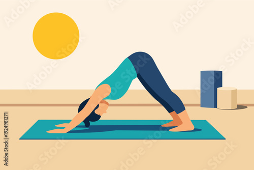 Woman doing a downward-facing dog yoga pose on a mat, exercising for wellness