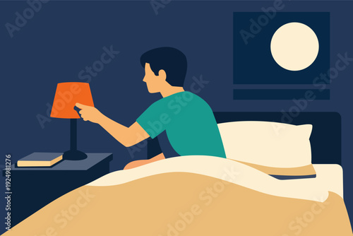 Man in bed turning off bedside lamp at night, preparing for sleep and relaxation