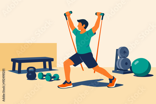 Man training with resistance bands, doing lunges for fitness and health