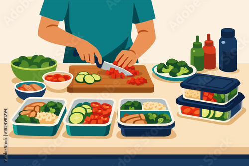 Person preparing healthy meal prep lunch boxes with fresh vegetables
