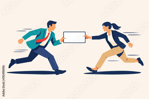 Business relay race symbolizing teamwork and digital information handoffs