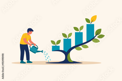 Investor watering growing plant tree chart symbolizing financial growth success
