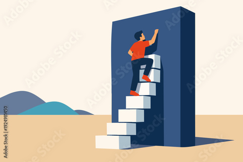 Person climbing steps on a big wall representing challenges and career growth