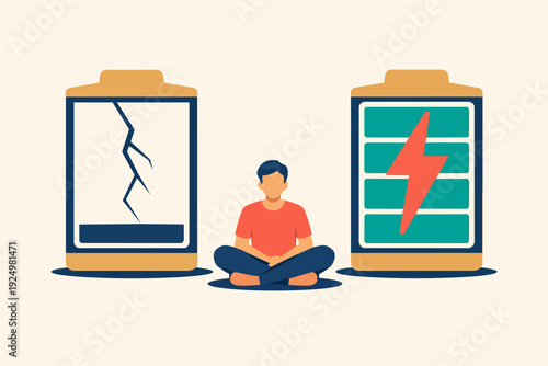 Person meditating between empty cracked battery and full charged energy battery