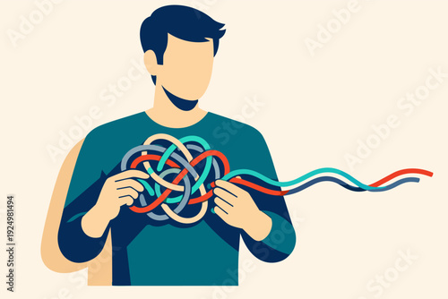 Man untangling complex knot of colorful ropes, problem solving and mental clarity