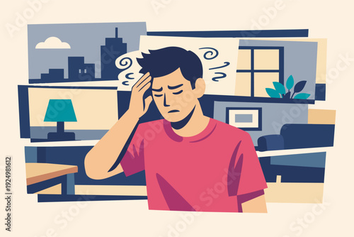 Young man experiencing headache, dizziness, or migraine from stress and anxiety