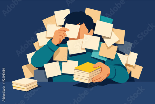 Worker feeling overwhelmed by numerous sticky notes and tasks, experiencing work stress