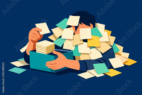 Person buried under a pile of sticky notes, holding a box with more notes