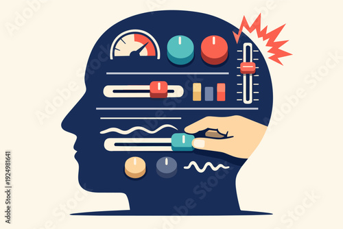 Human head showing internal control panel, adjusting emotions and mental state