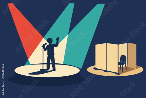 Person on stage performing under spotlights next to changing room with chair