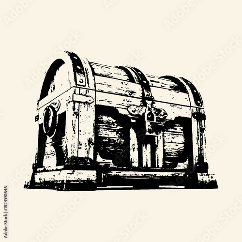 Vintage Wooden Treasure Chest Monochrome Illustration