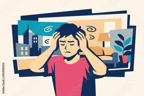 Person feeling dizzy and stressed, experiencing mental overload and confusion