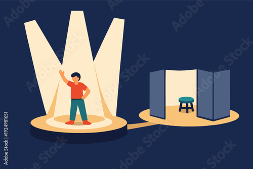 Individual choosing between public performance spotlight and private comfort zone