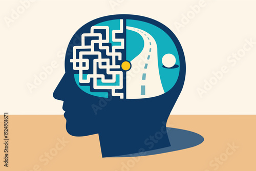 Human head showing brain pathways, complex maze and clear road to success