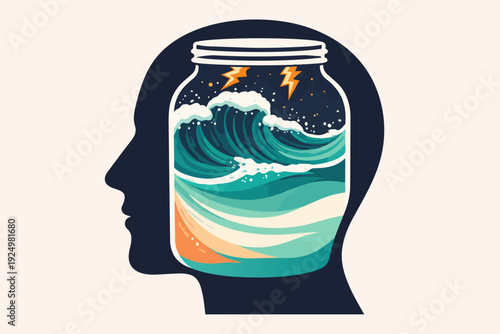 Mind bottling stormy emotions, stress, and anxiety in human head psychology concept