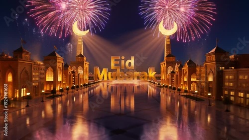 Eid Mubarak celebration in modern mosque with crescent moon towers