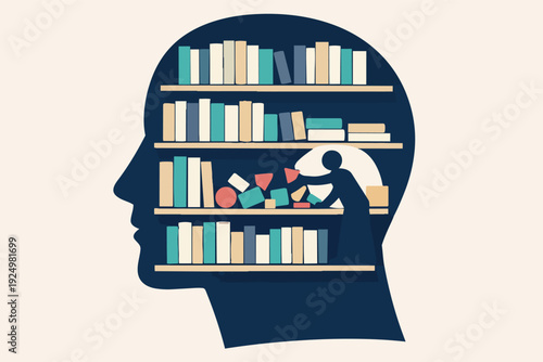 Human head silhouette with shelves, a person organizing books and knowledge