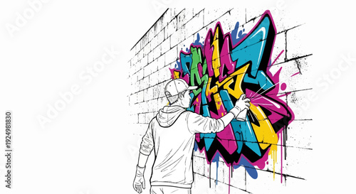 Artist sprays vibrant graffiti onto a brick wall