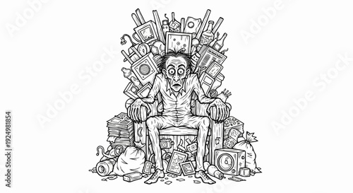 An overwhelmed man sits on a throne of discarded items, looking stressed