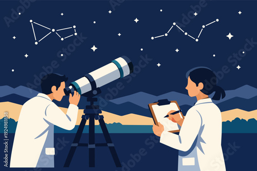 Scientists observing night sky with telescope, collecting data for astronomy research