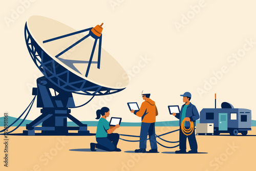 Engineers working with a large satellite dish for global telecommunication and data
