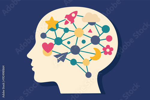 Human mind generating ideas and thoughts with connected abstract elements