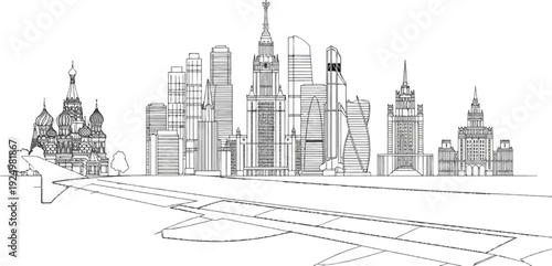 Airplane wing approaches a cityscape featuring iconic historical and modern architecture