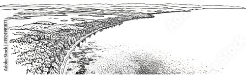 Aerial view of a forested coastline with a road and distant mountains