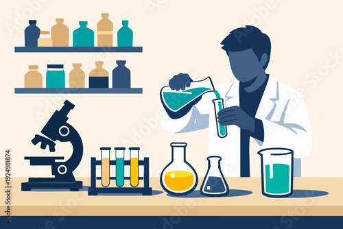 Scientist performing a chemistry experiment in a laboratory researching new discoveries