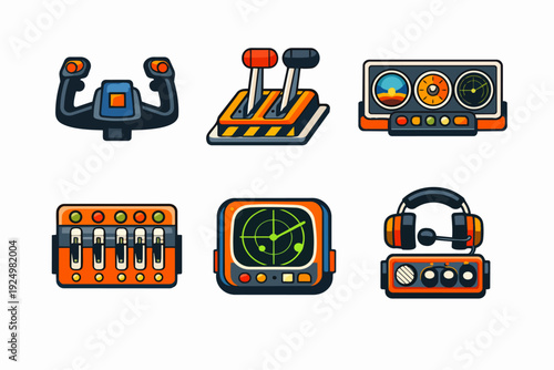 Aviation cockpit controls and pilot instruments icon set for flight simulation