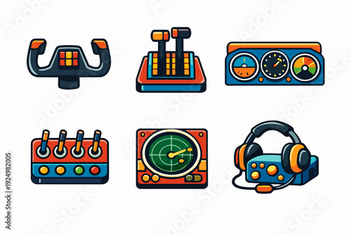 Aviation controls and instruments set with yoke, throttle, radar, and headset icons