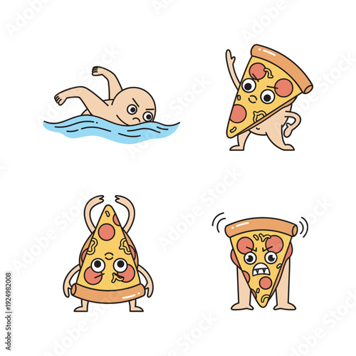 Cartoon pizza slices and character swimming in water with funny expressions