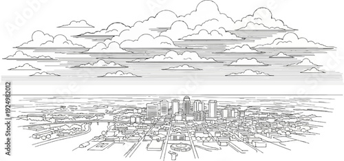 A stylized drawing of a sprawling city skyline under a cloudy sky
