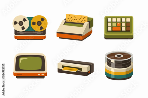 Vintage computer technology icons representing retro computing history and data storage