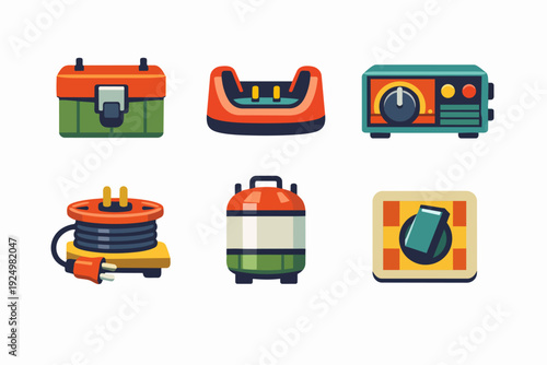 Industrial equipment icons with toolbox, cable reel, generator, and radio designs